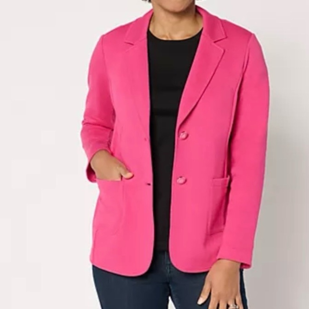 Susan Graver Weekend Marina Knit Regular Notch Collar Blazer Persian Rose Medium
